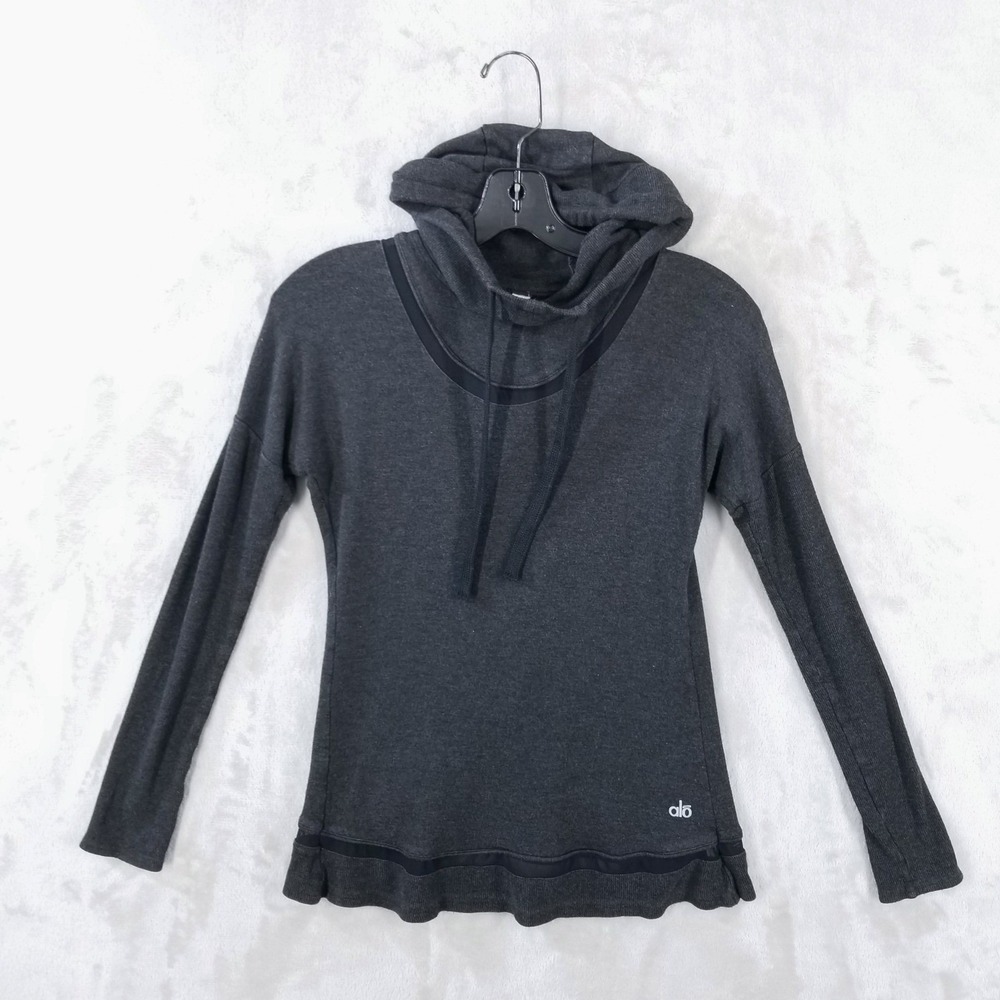 Alo Yoga Hoodie Sweatshirt Womens S Gray Mesh Trim Funnel Neck Pullover Athletic